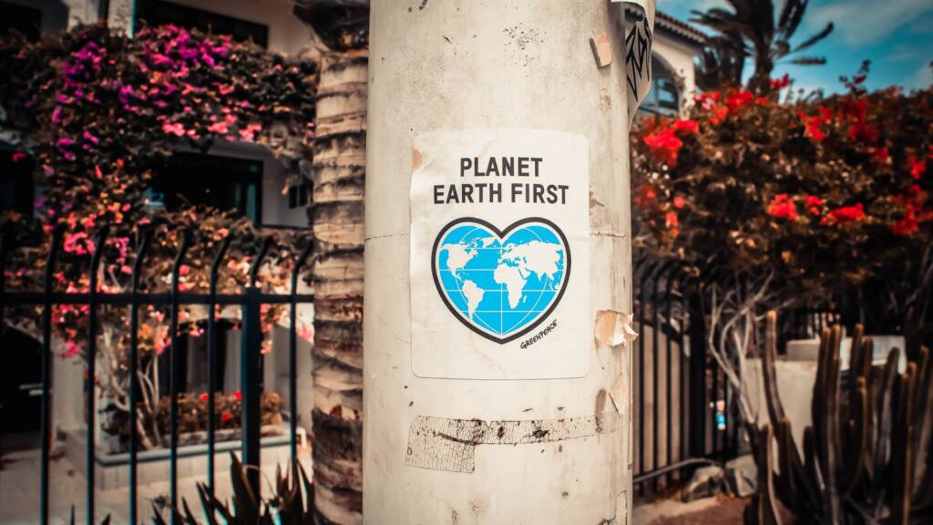 Eine große Saeule mit einem Plakat auf dem steht Planet Earth First