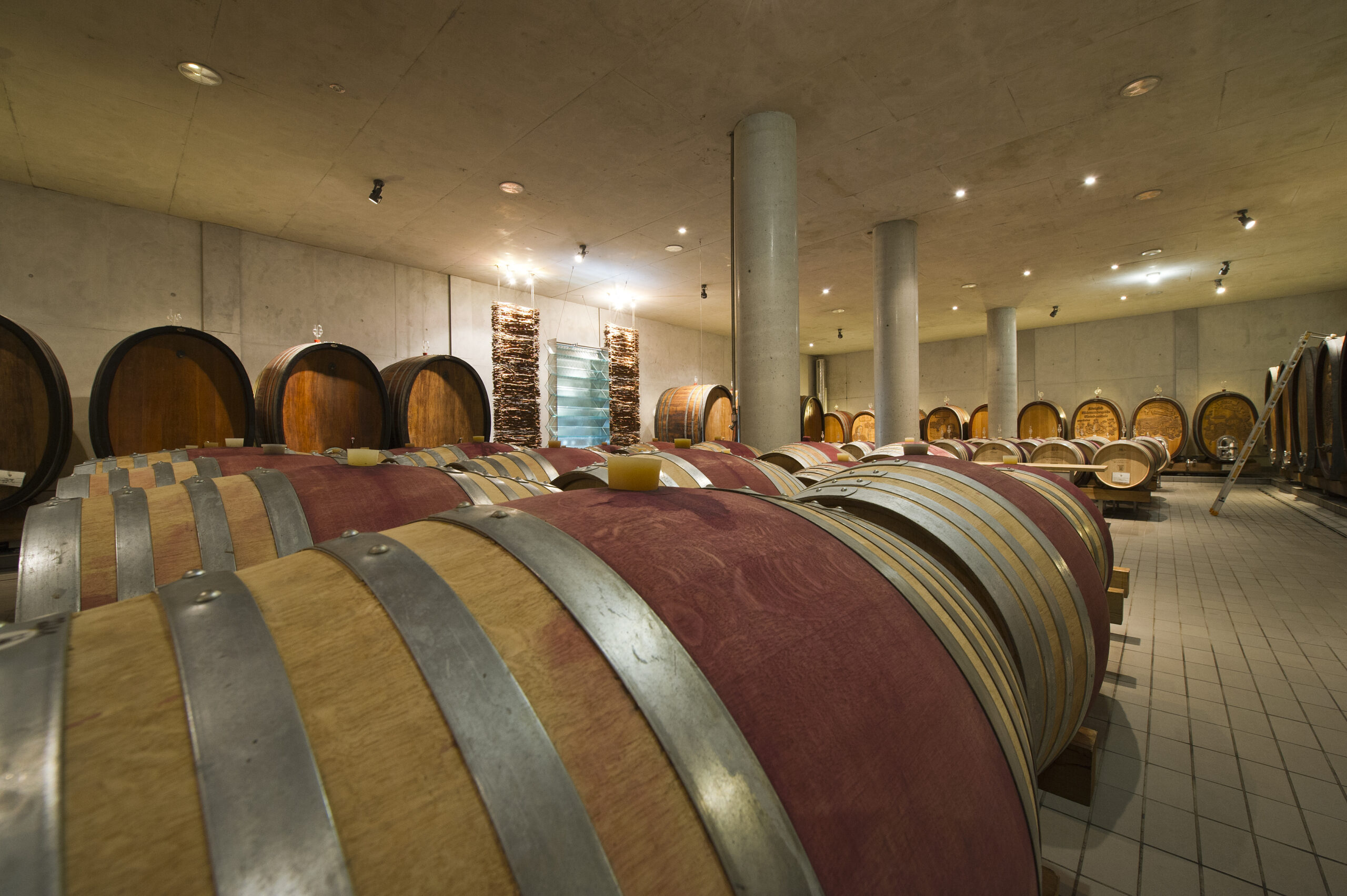 Der Wein wird in großen Fässern gelagert.